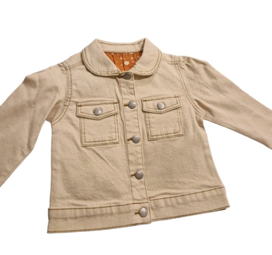 Beige denim jacket with button details on a white background
