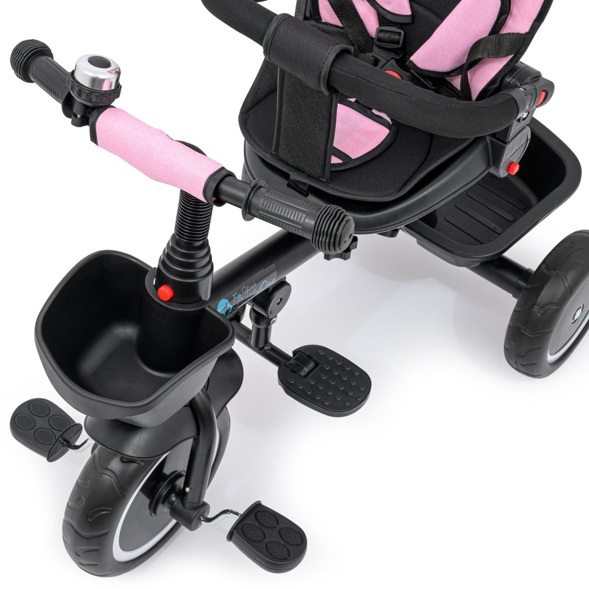 Black and pink children's tricycle with a cup holder on a white background