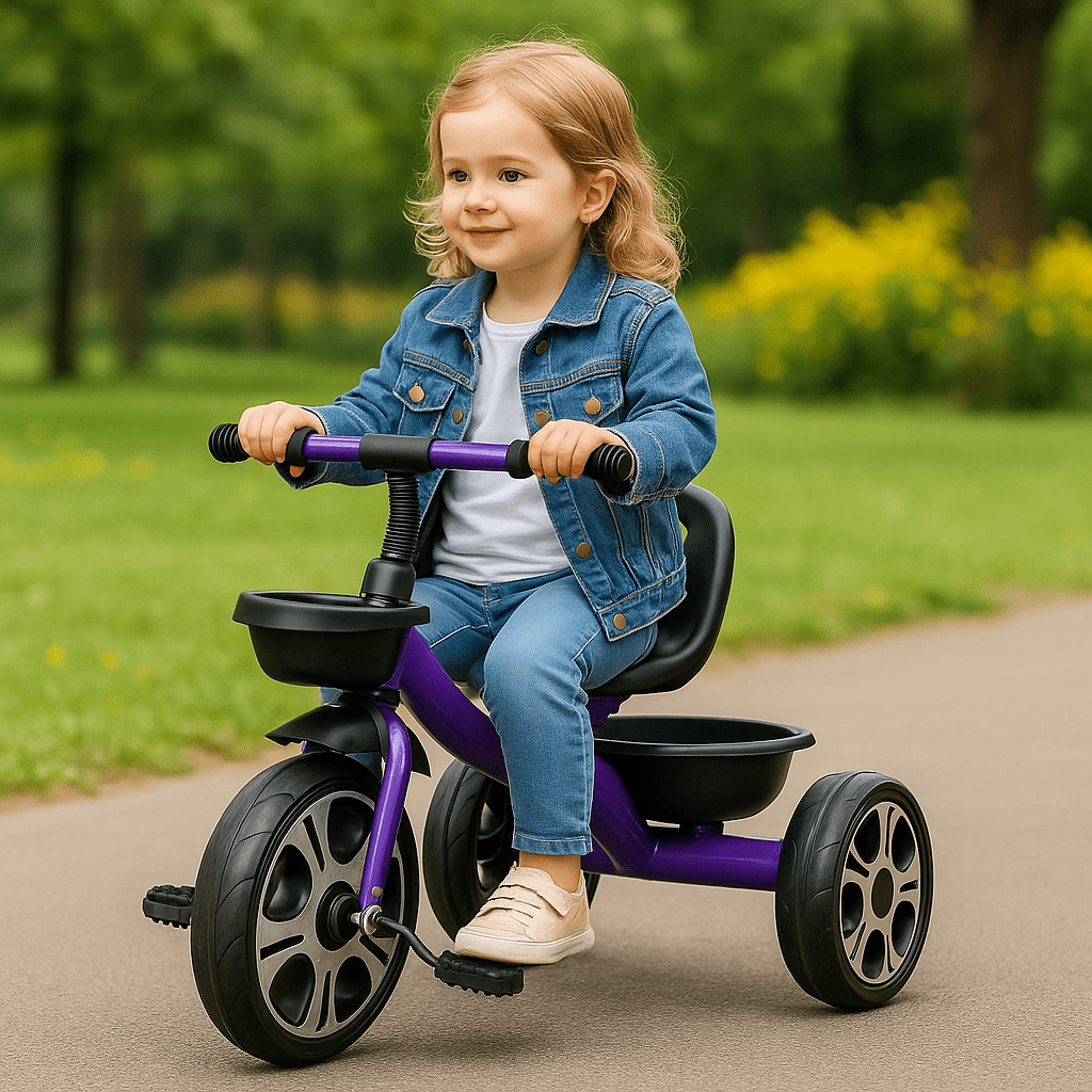 Child riding a purple tricycle in a park