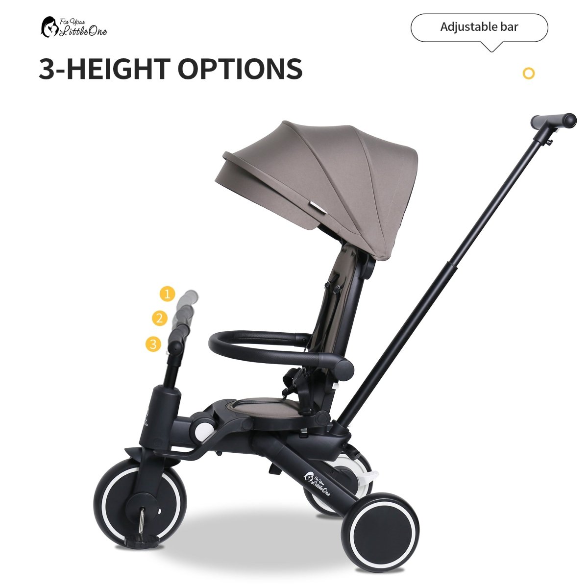 Baby stroller with adjustable canopy and height options on a white background