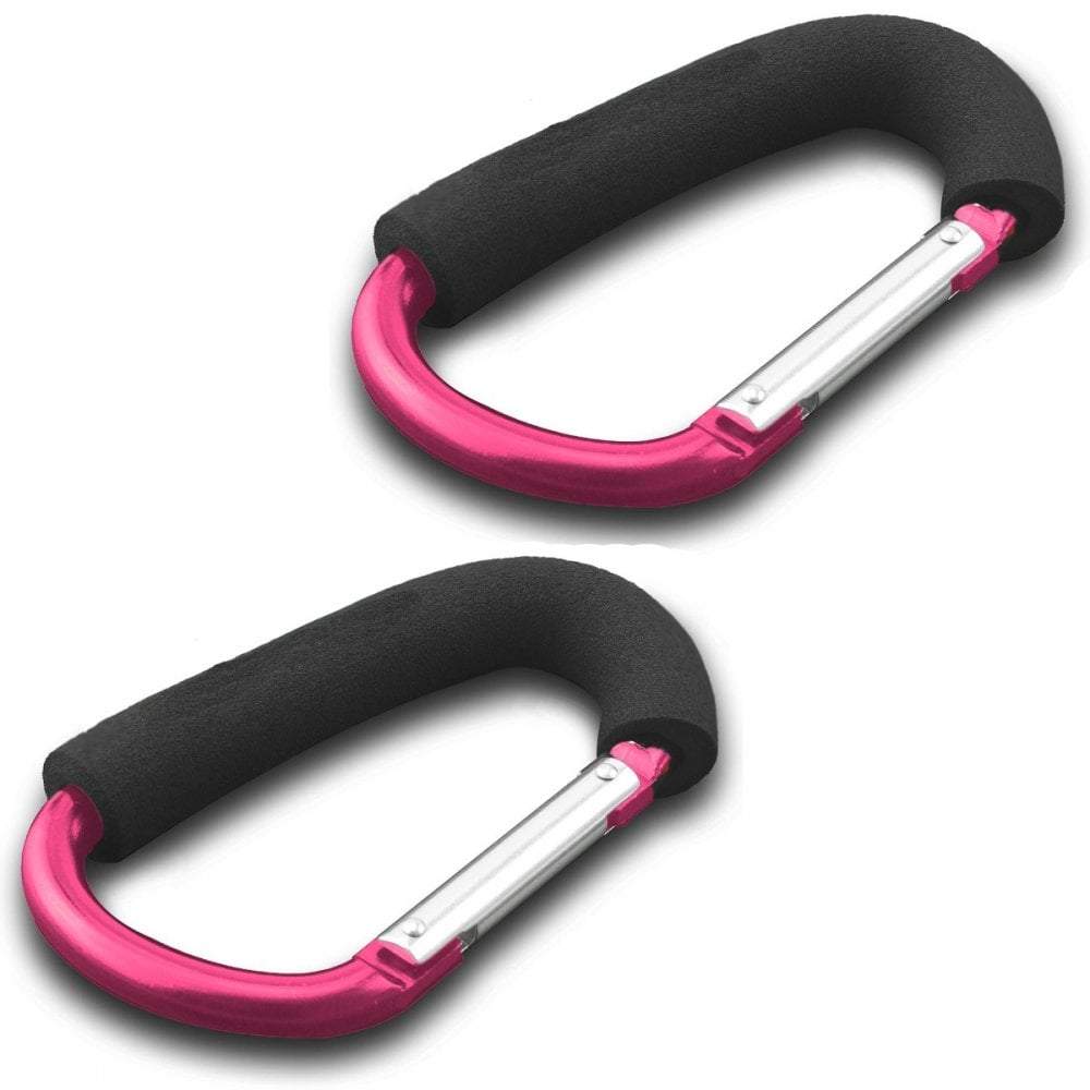 Two pink carabiners with black handles on a white background