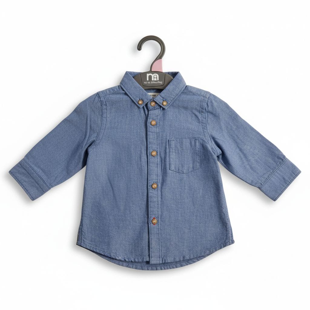 Blue denim shirt on a hanger with a visible brand label against a white background