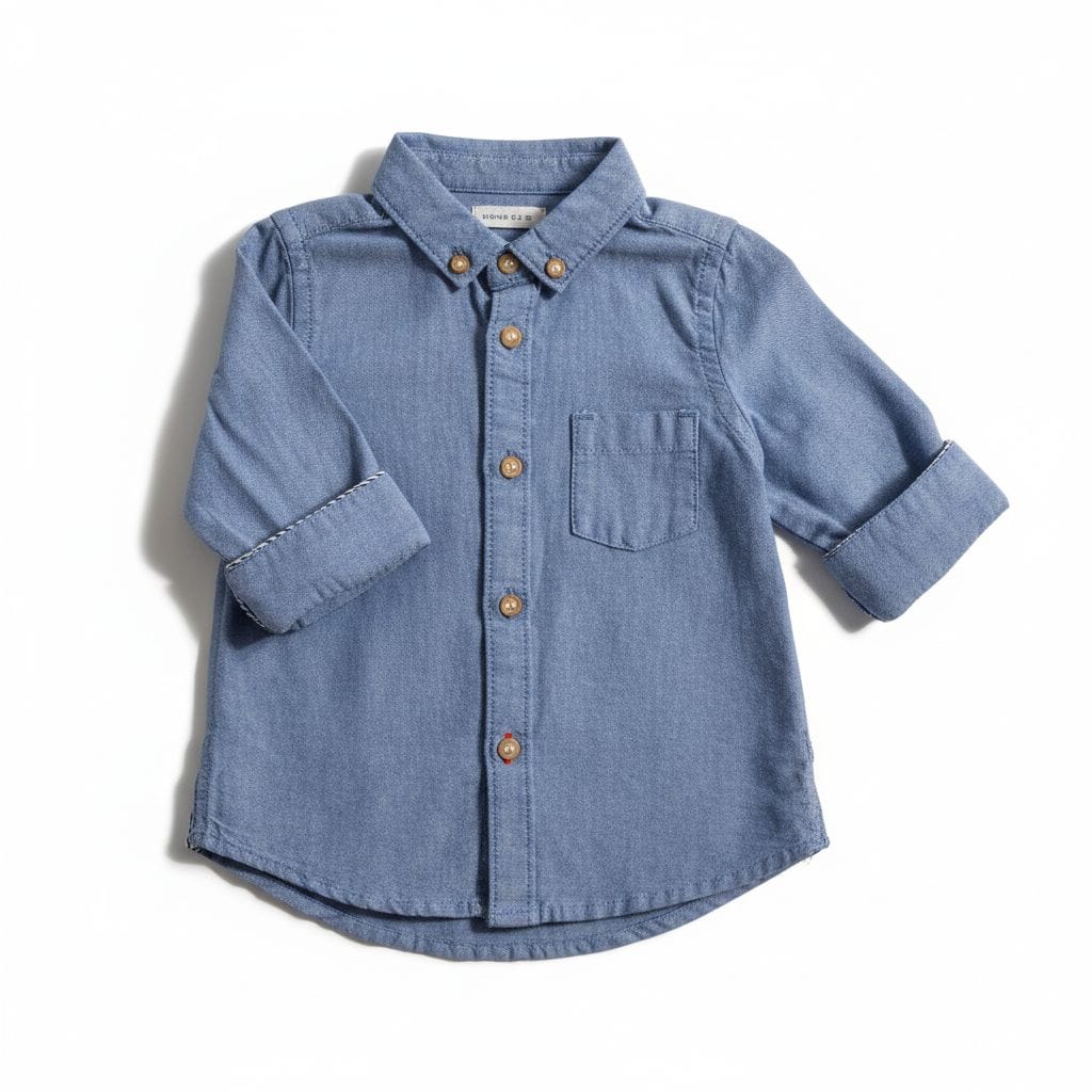 Blue denim shirt with rolled-up sleeves on a white background