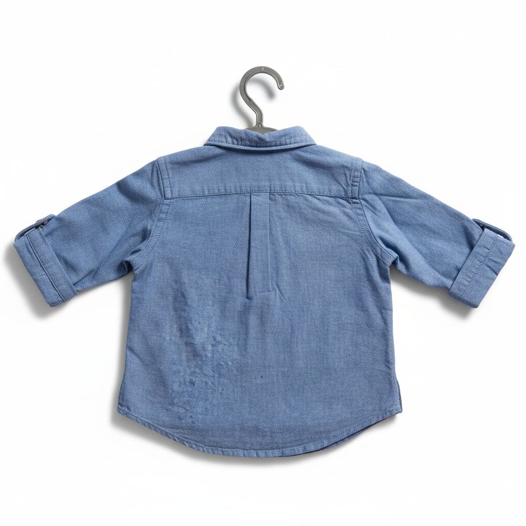 Blue denim shirt on a hanger against a white background