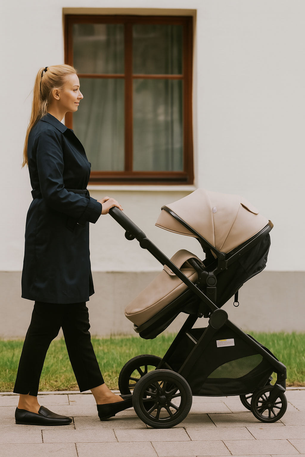 Woman pushing a stroller on a sidewalk with a building in the background