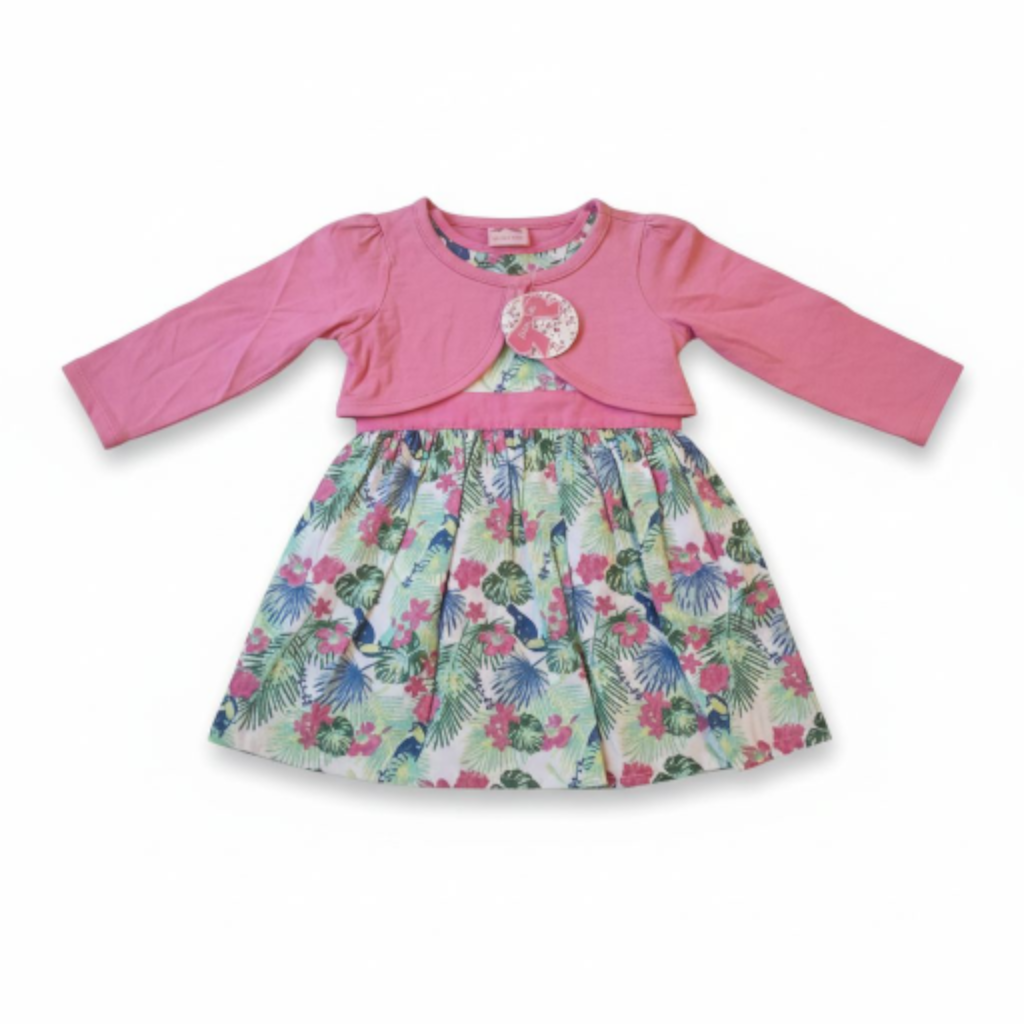 Floral dress with pink cardigan on a white background