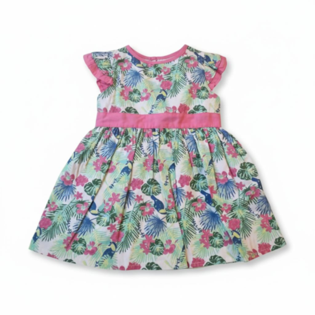 Children's dress with floral pattern and pink belt on a white background