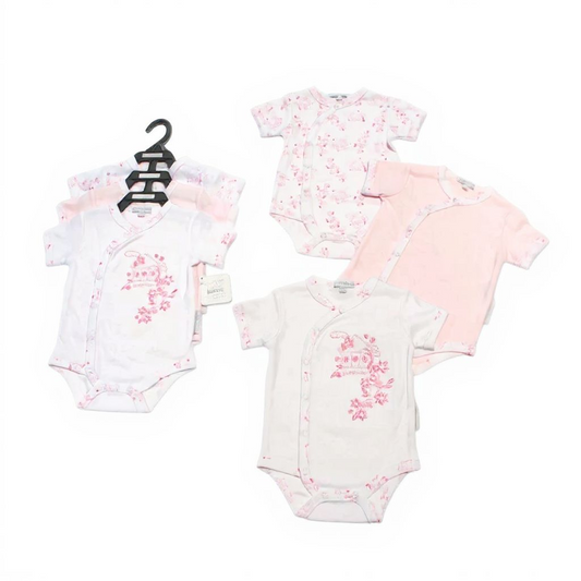 Set of baby bodysuits with floral pattern on a white background