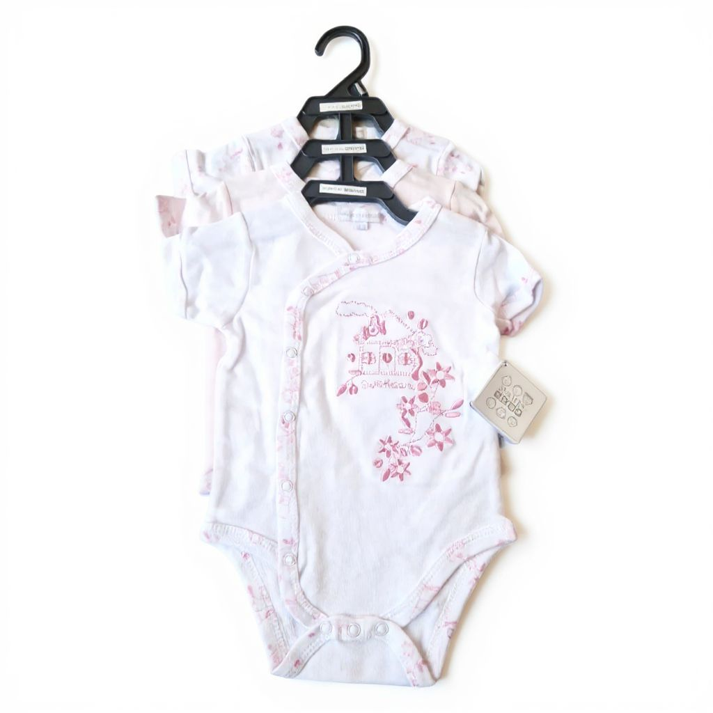White baby bodysuit with pink floral design on a hanger against a white background