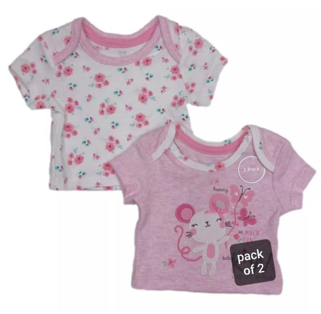 Girls Pink T-Shirts 2 Pack 0-6M | Cotton Bow