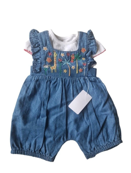 Blue denim baby romper with floral and animal embroidery on a white background