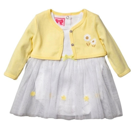 Baby dress with yellow cardigan and white tulle skirt on a white background