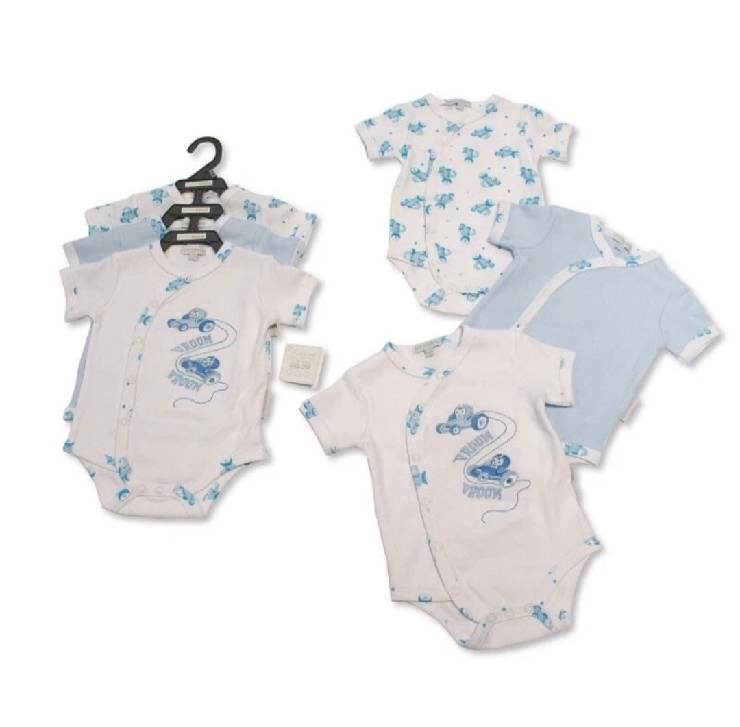 Set of baby bodysuits with blue designs on a white background