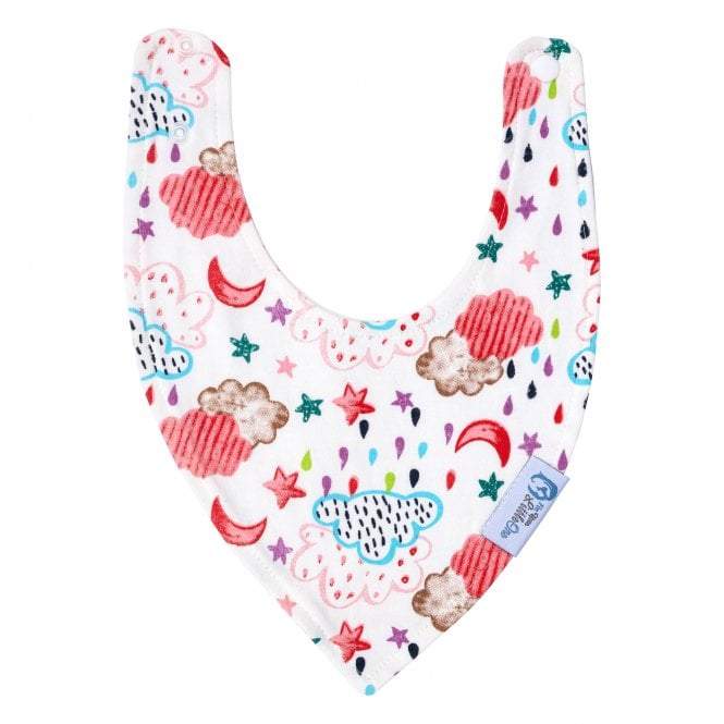 Colorful baby bib with cartoon designs on a white background