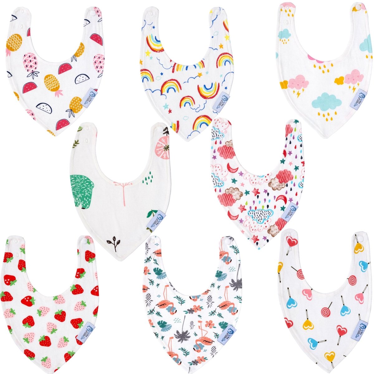 Set of colorful baby bibs with various patterns on a white background