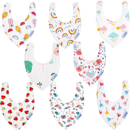 Set of colorful baby bibs with various patterns on a white background