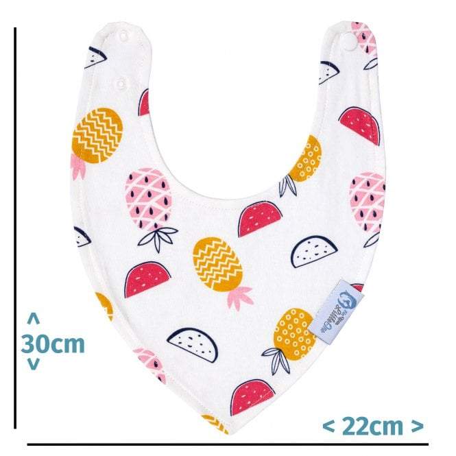 Baby bib with fruit pattern and size measurement on a white background