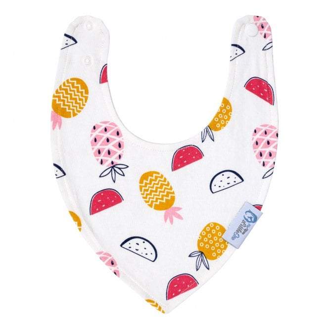 Baby bib with colorful fruit pattern on a white background