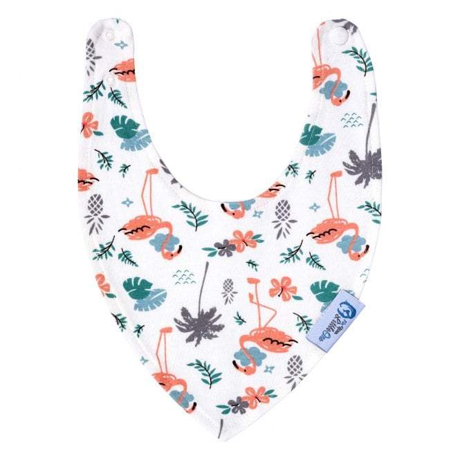Baby bib with flamingo and floral pattern on a white background