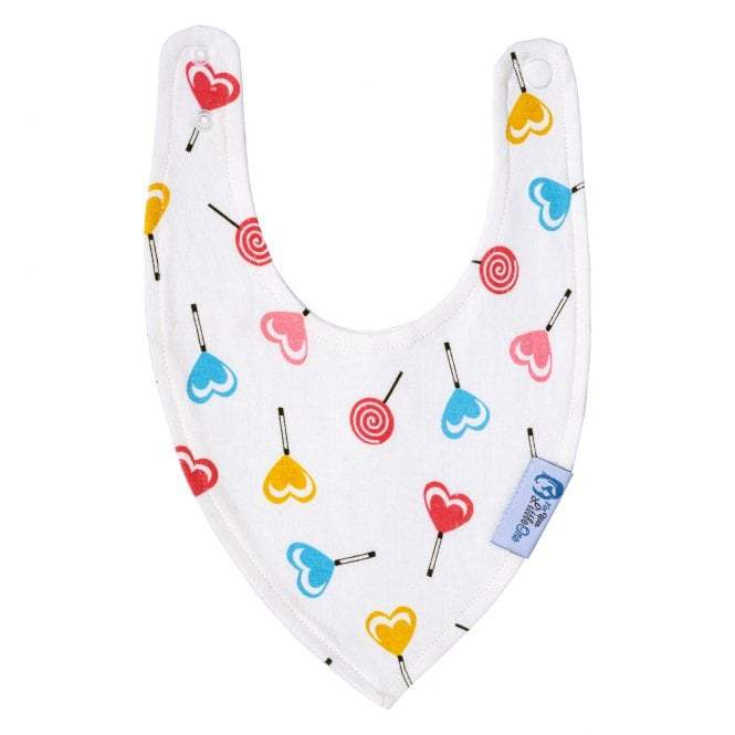 Baby bib with colorful candy patterns on a white background