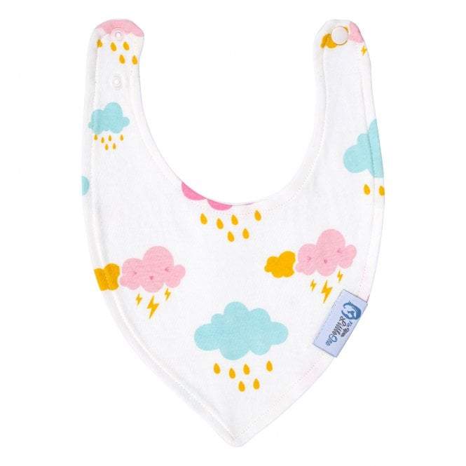 Baby bib with colorful cloud and raindrop patterns on a white background