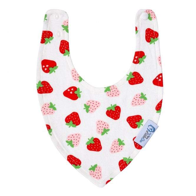 Baby bib with strawberry pattern on a white background