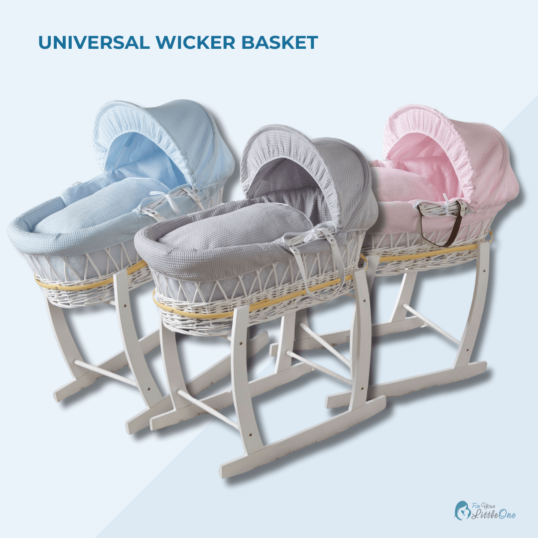 Three wicker baby baskets with different colored covers on a light blue background.
