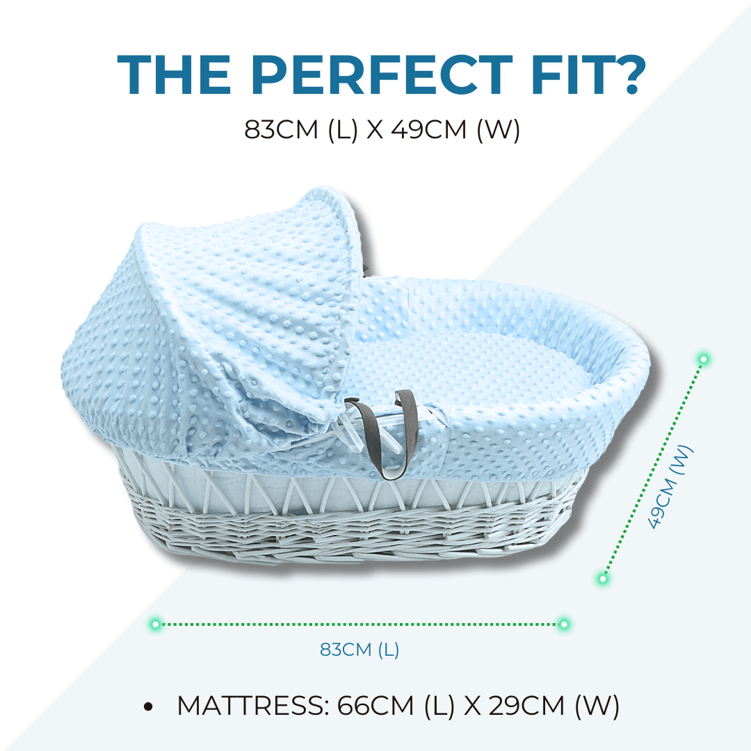 Baby Moses basket with blue cover and dimensions displayed