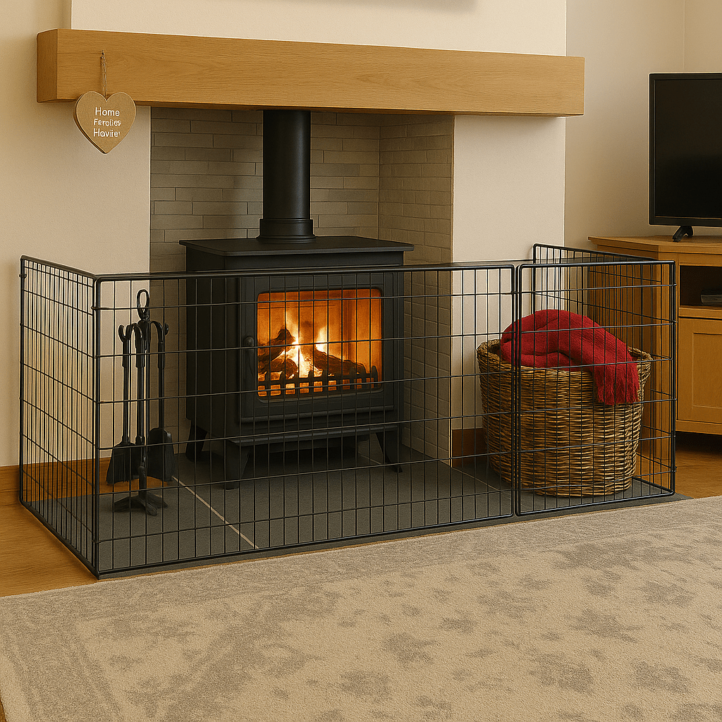 Fireplace with a metal safety gate, basket, and fireplace tools in a living room setting.