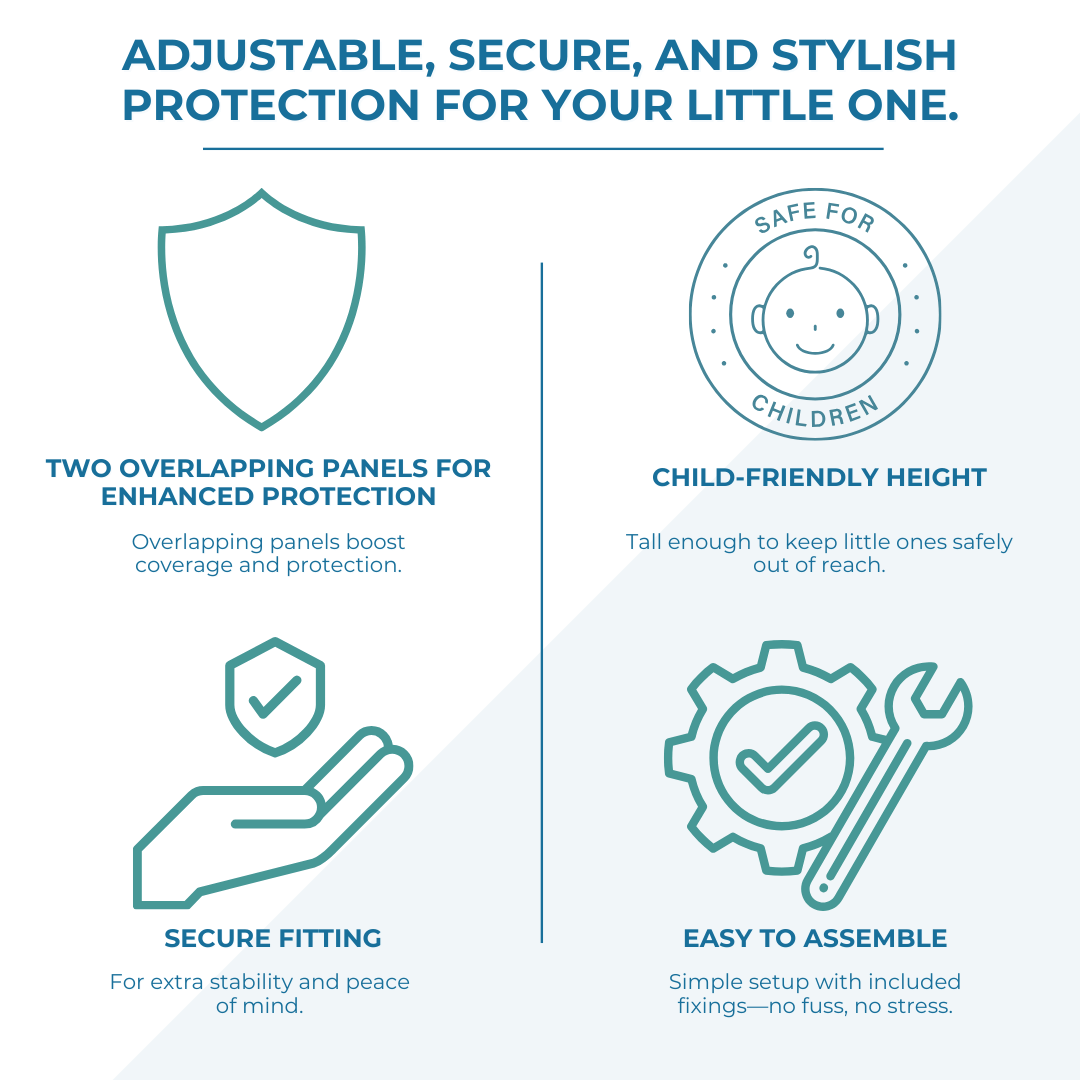 Product features for child safety panels with icons and text on a white background