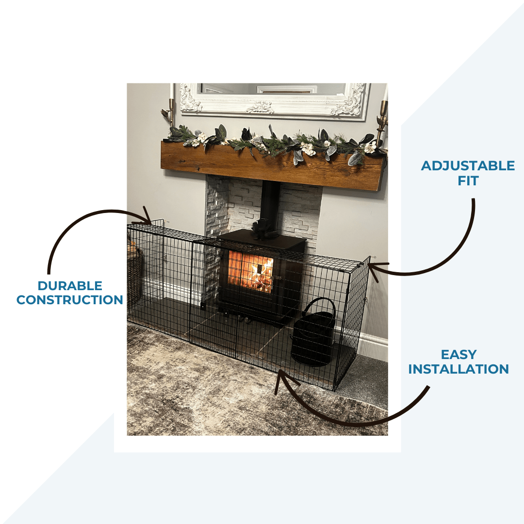 Fireplace with a metal safety gate labeled 'Durable Construction', 'Adjustable Fit', and 'Easy Installation'.