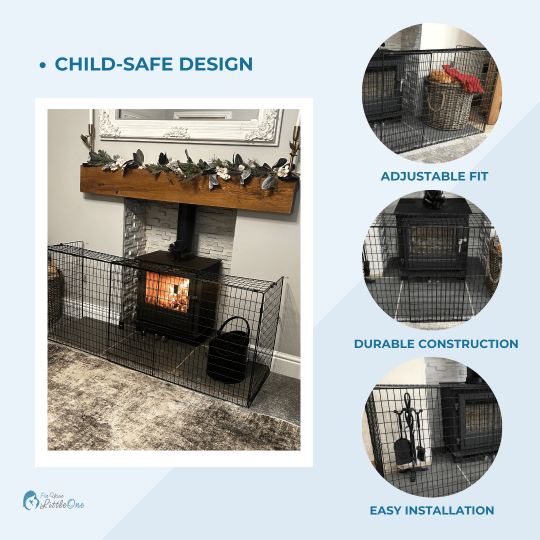 Child-safe fireplace gate with features highlighted on a light blue background