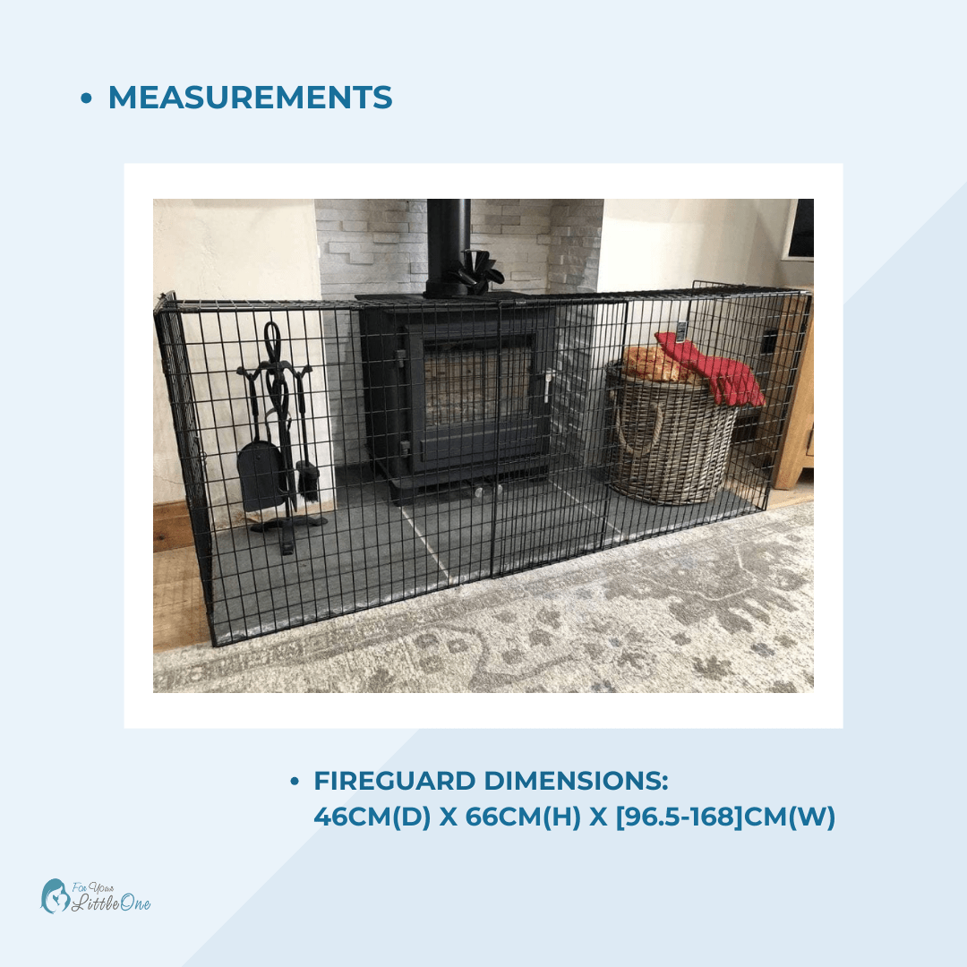 Black fireguard with dimensions displayed in a home setting