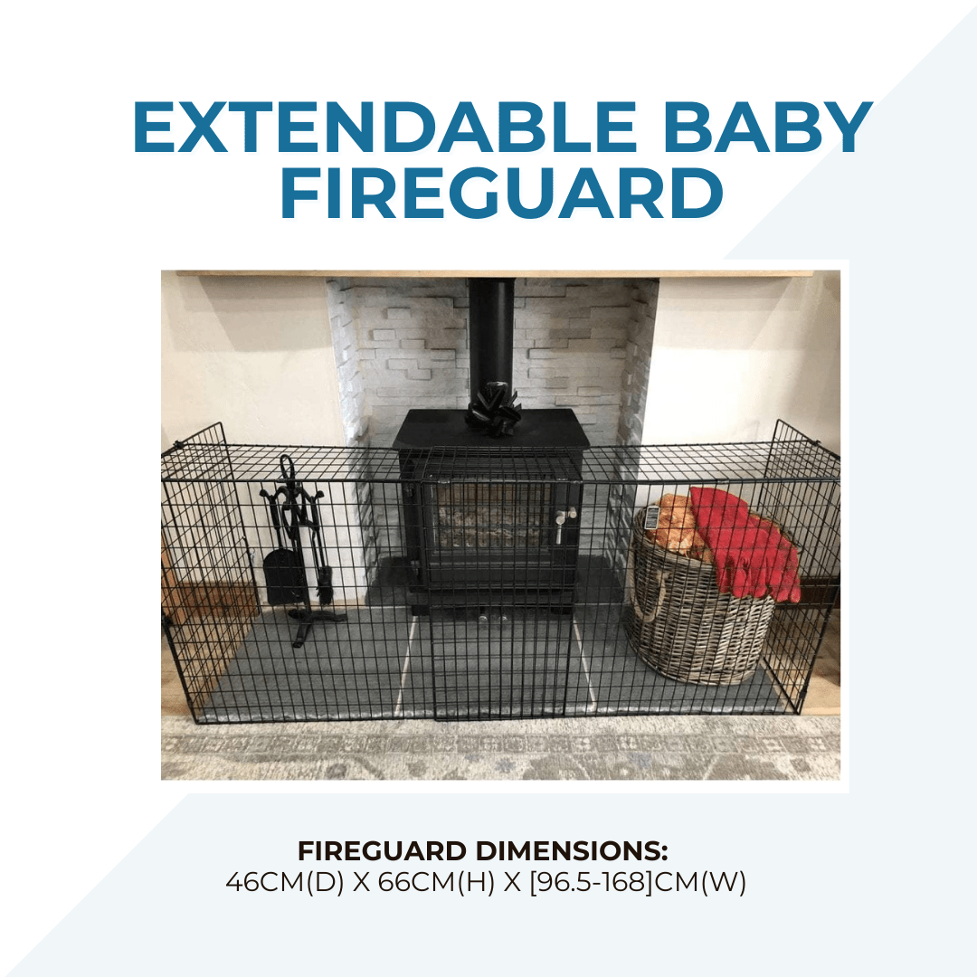Extendable baby fireguard in front of a fireplace with dimensions displayed.