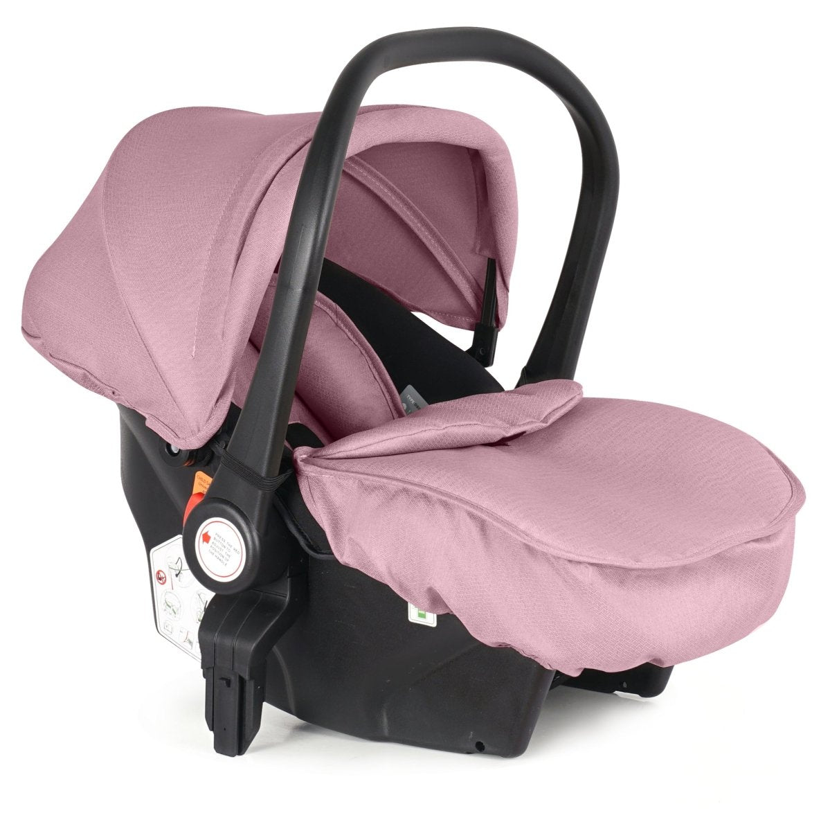 Pink baby car seat with black base on a white background