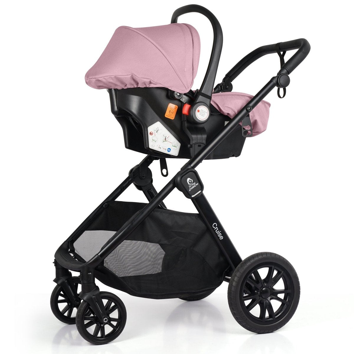 Black and pink baby stroller on a white background pic