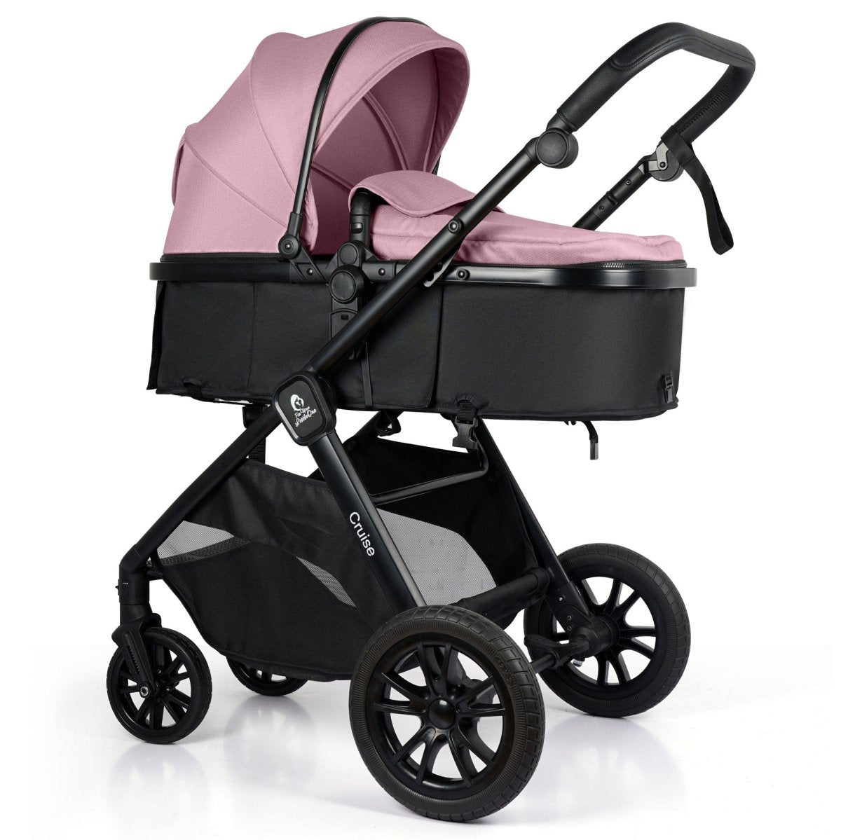 Black and pink baby stroller on a white background