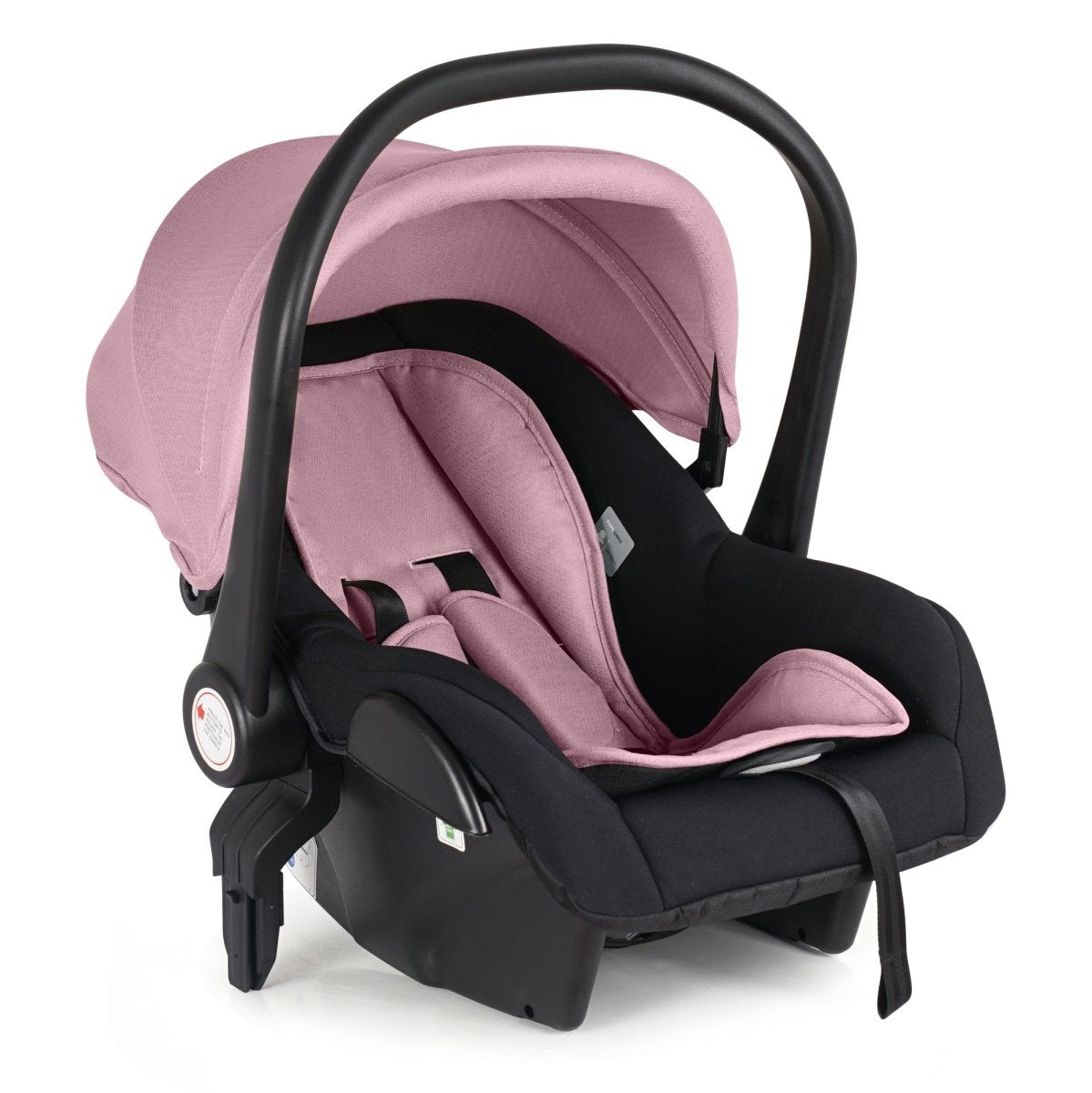 Pink and black baby car seat on a white background