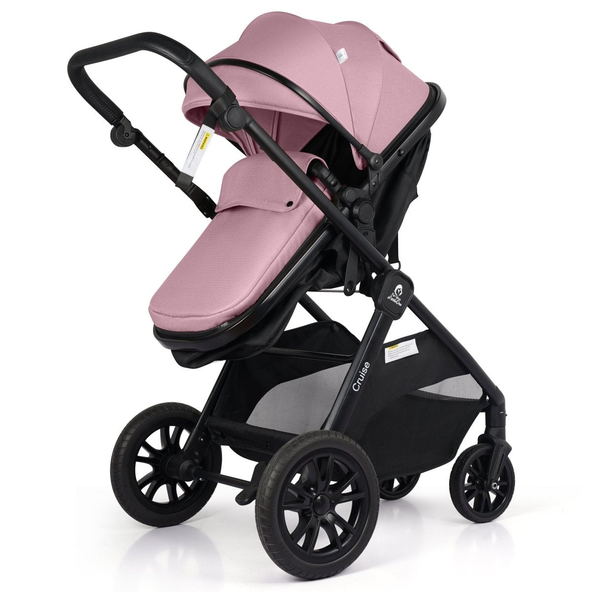 Black and pink baby stroller on a white background full