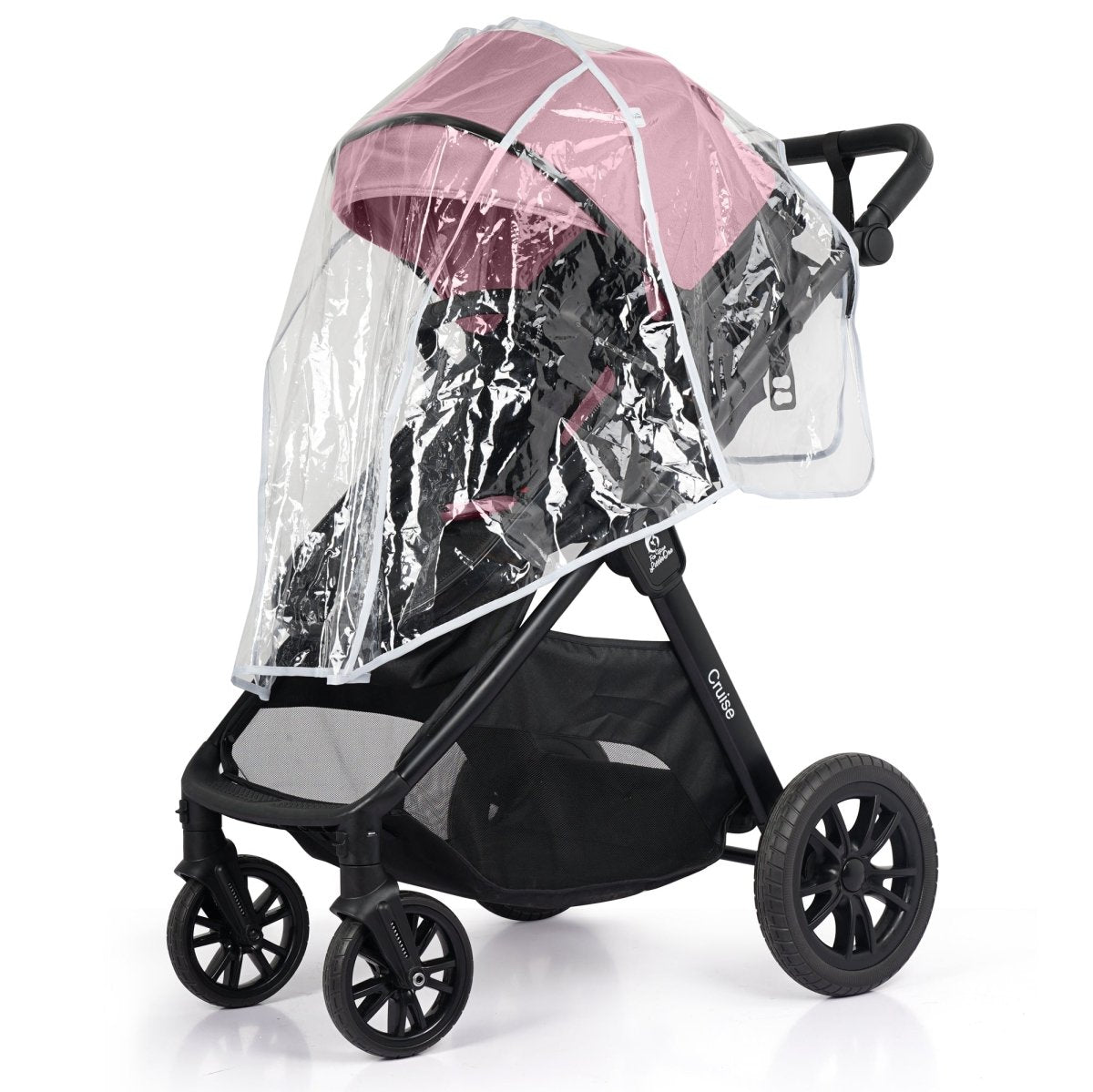 Black stroller with pink canopy and clear rain cover on a white background