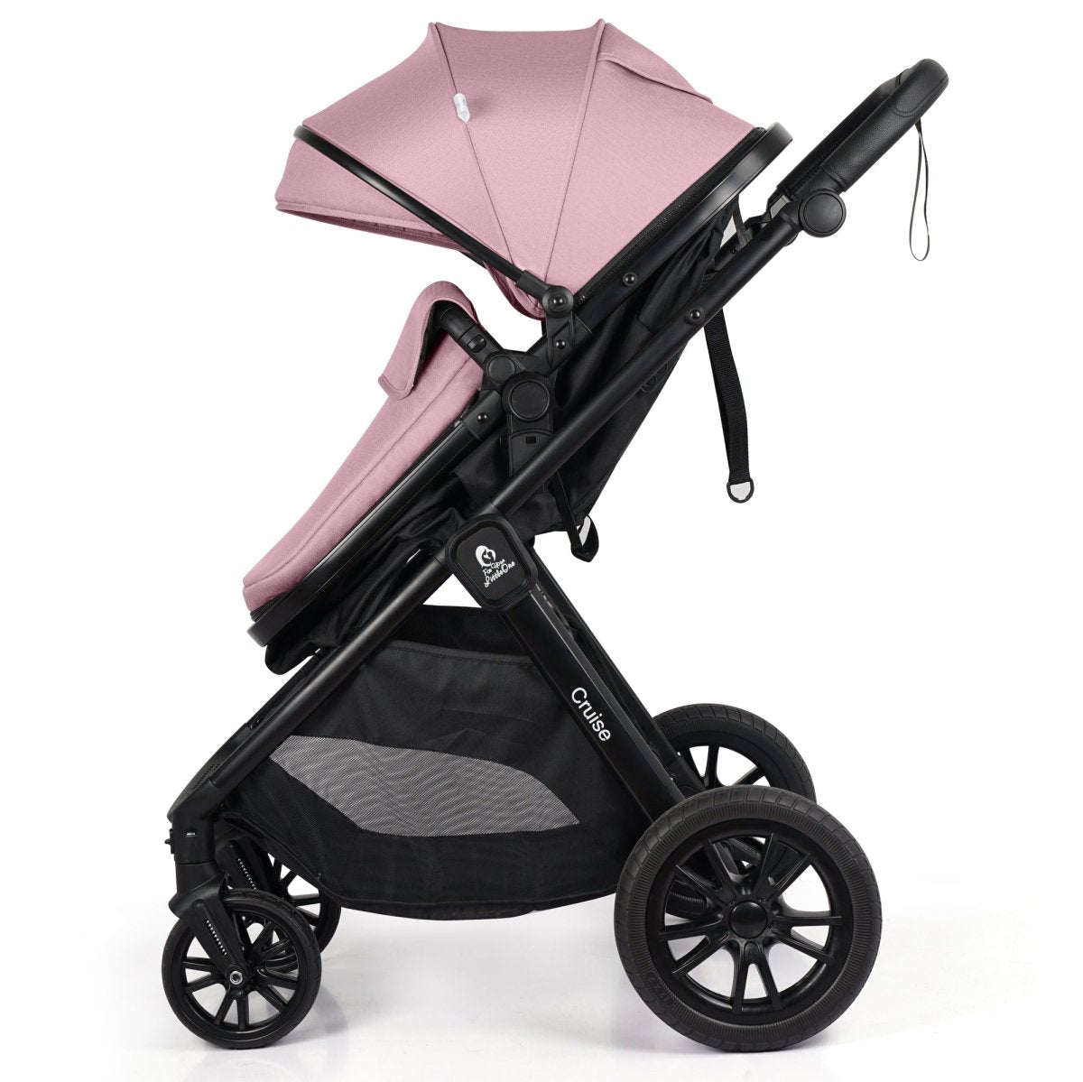 Pink and black stroller on a white background