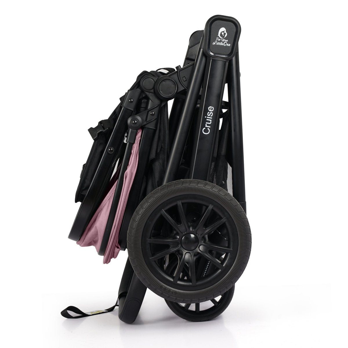 Black stroller with pink accents on a white background