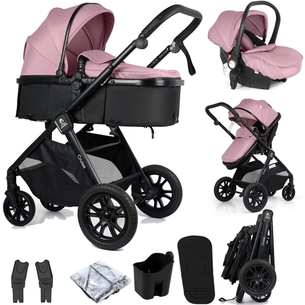 Collage of a baby stroller with pink seat and black frame on a white background.