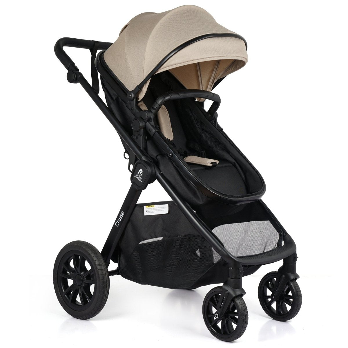 Black and beige stroller on a white background