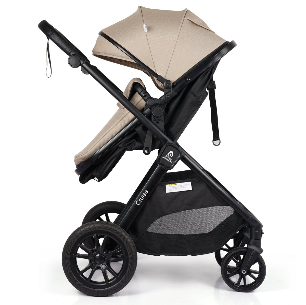 Black stroller with beige canopy on a white background