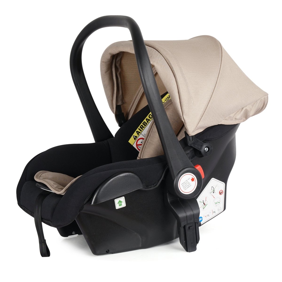 Black and beige baby car seat with canopy on a white background