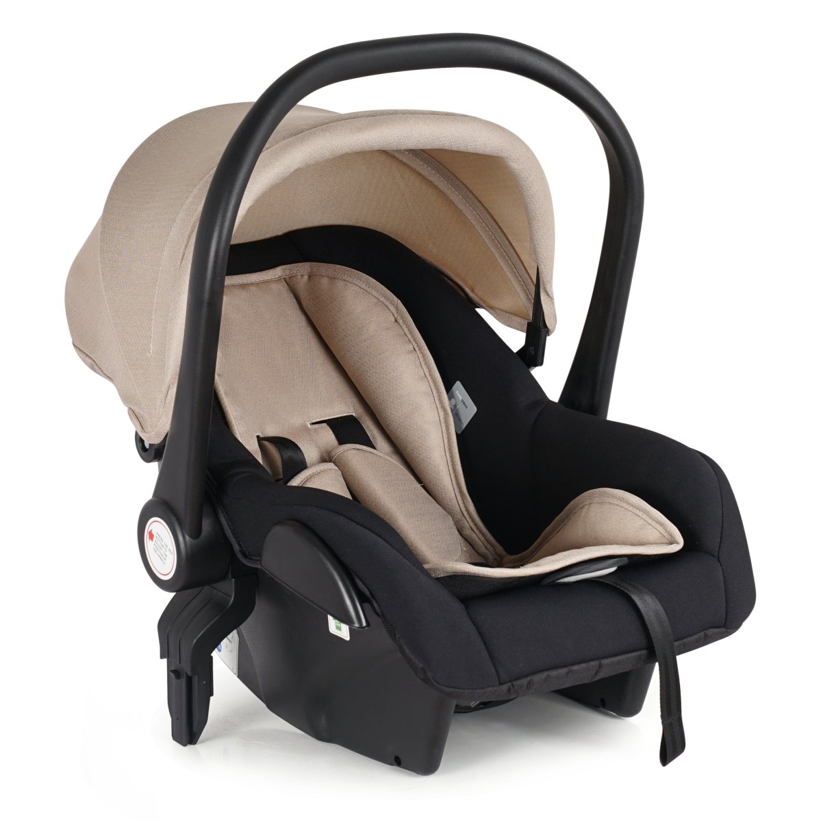 Black and beige baby car seat on a white background