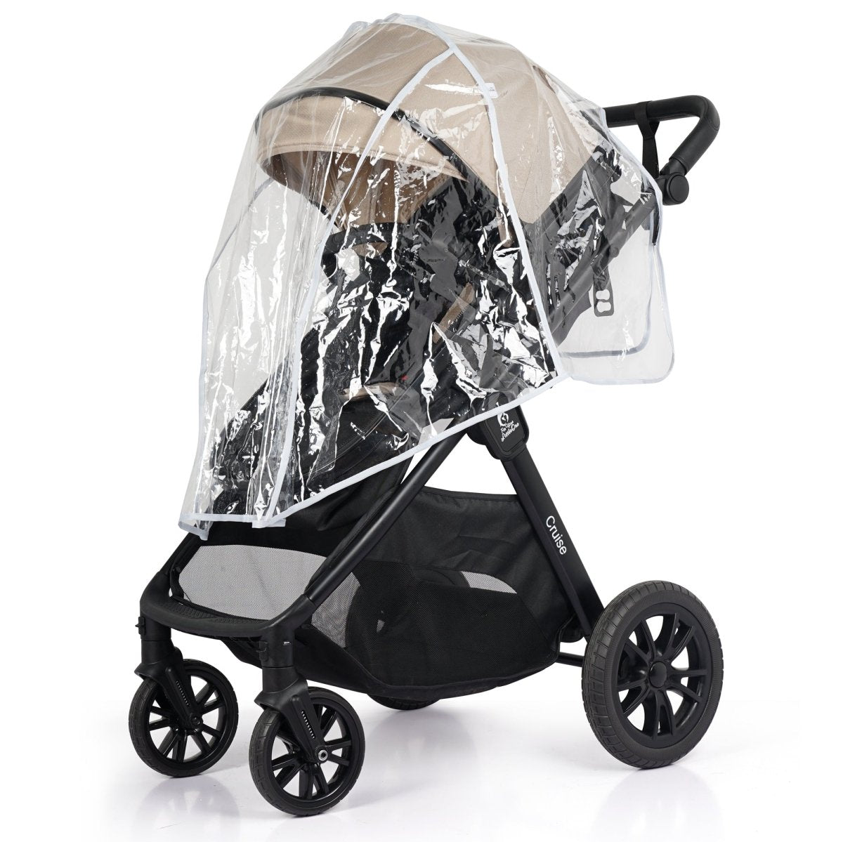 Black stroller with a clear rain cover on a white background