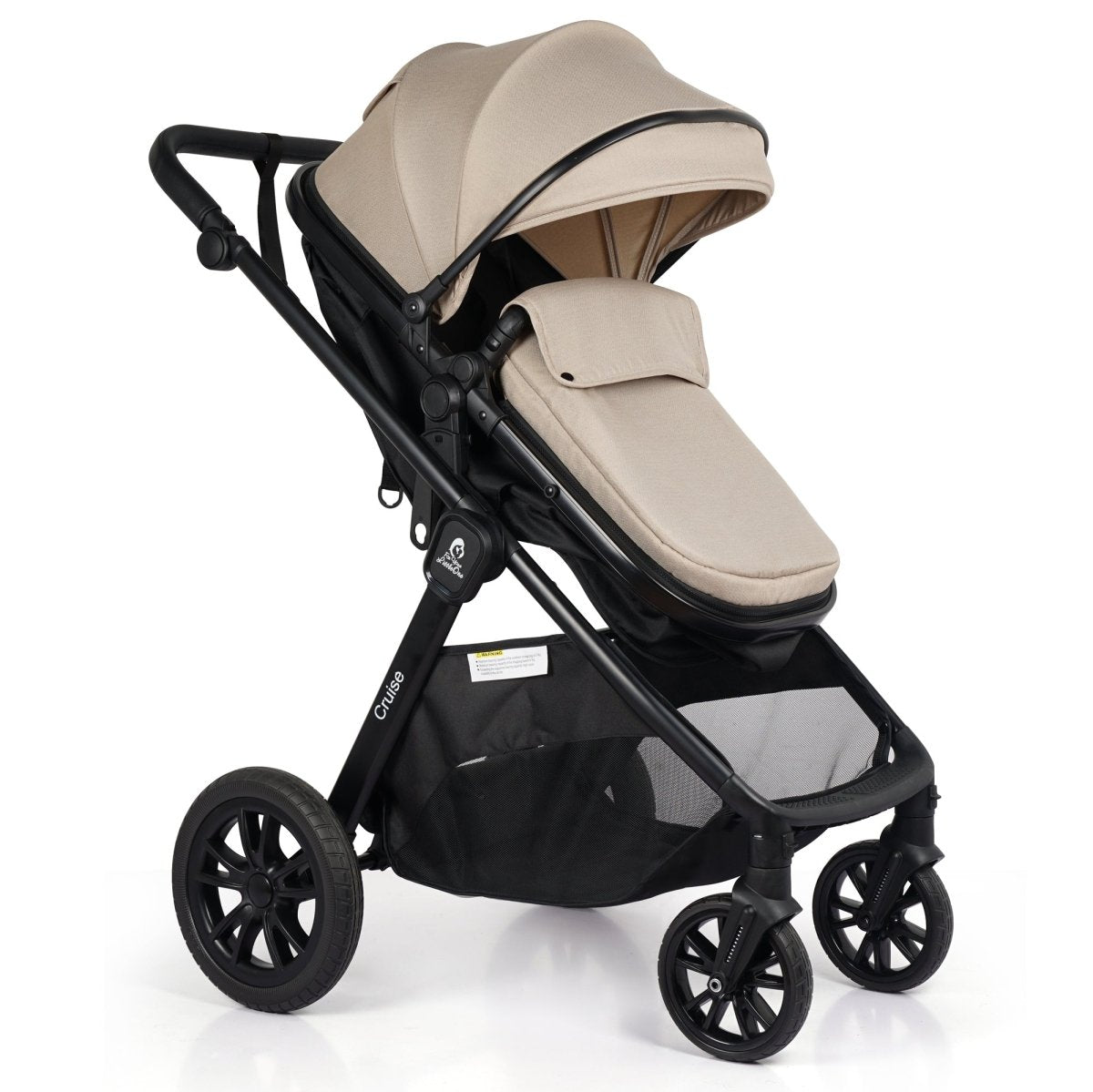 Beige and black stroller on a white background
