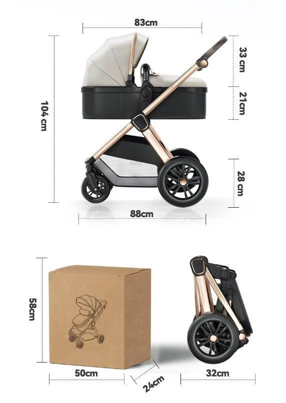 Measurement chart of a baby stroller with dimensions labeled